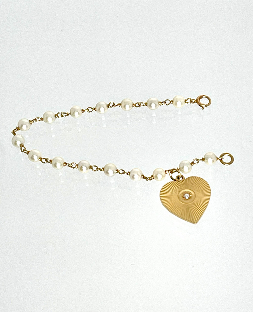 Vintage 14k Gold Heart Charm Bracelet: Cultured Pearl Bridal Jewelry