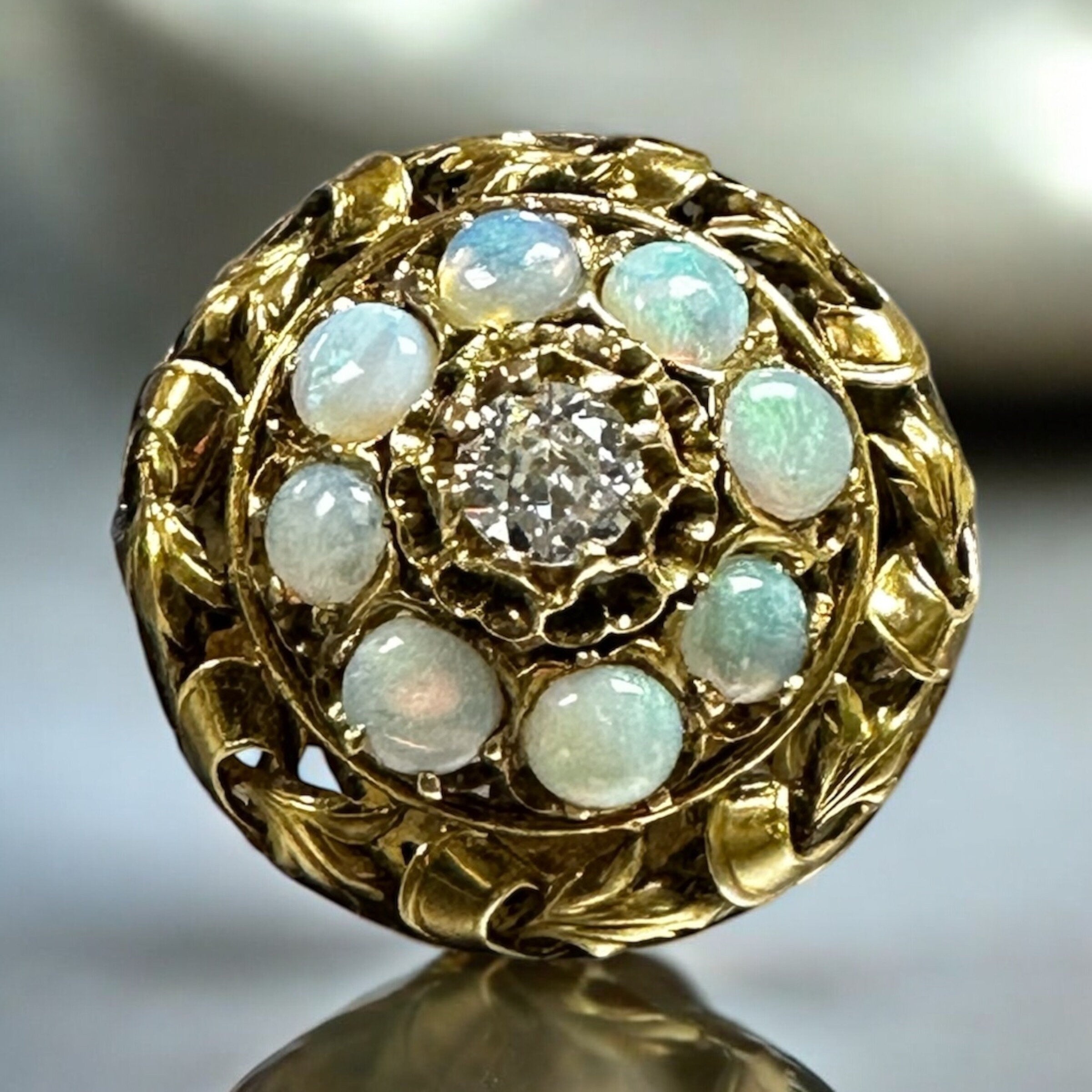 Yellow Gold Opal Diamond Ring: Floral Estate Jewelry