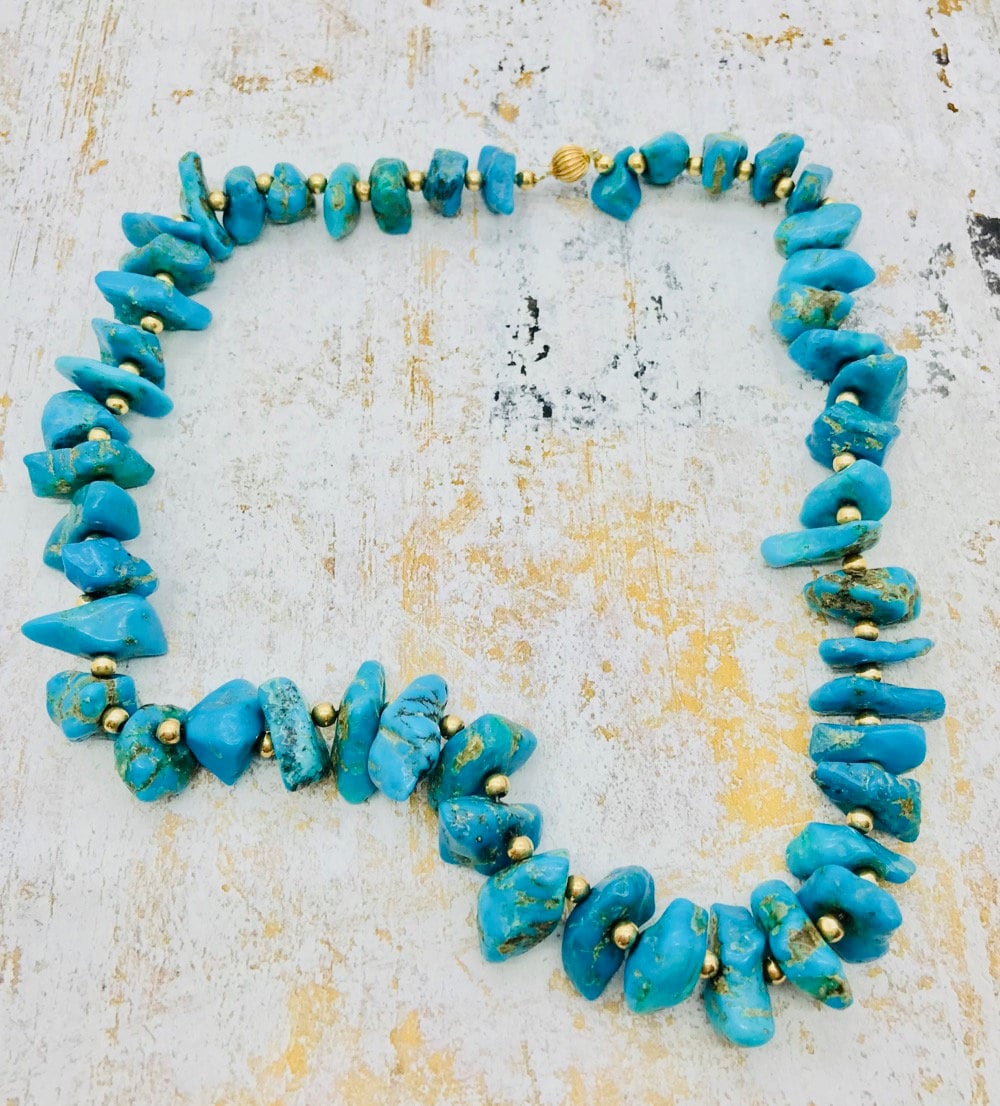 Chunky Turquoise Nugget Necklace: 14K Yellow Gold Beads, 20 Inch