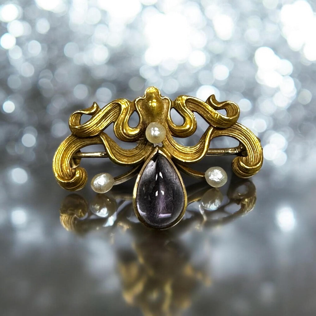 Art Nouveau Amethyst Pearl Brooch, 14K Yellow Gold Pin