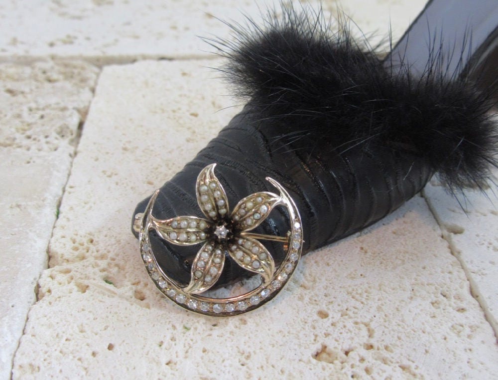 Antique Diamond & Pearl Crescent Star Pin: Victorian 14k Gold