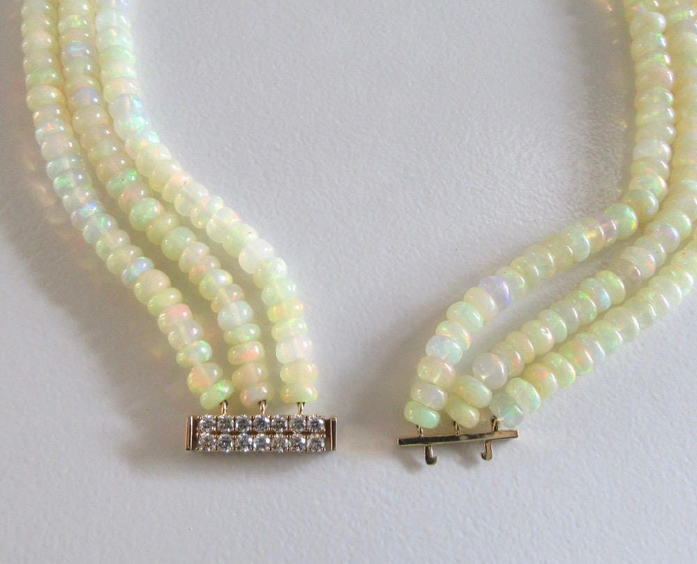 Triple Strand Opal Necklace: Sapphire, Ruby, Emerald & Diamond Clasp