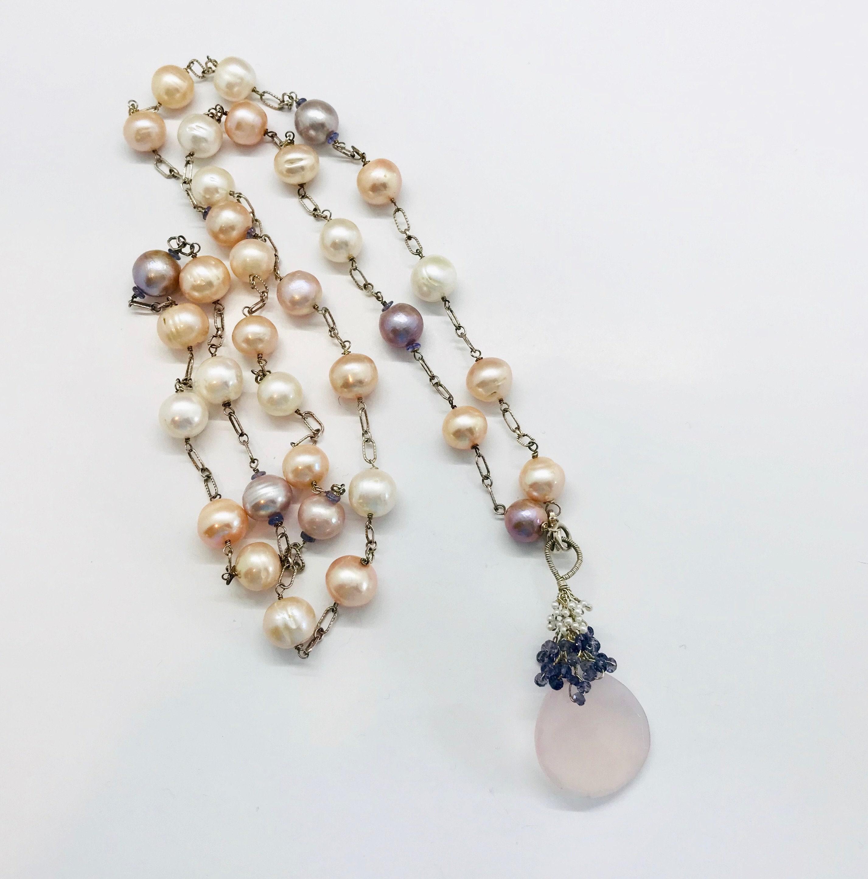Sterling Silver Fresh Water Pearl Necklace with Rose Quartz Pendant