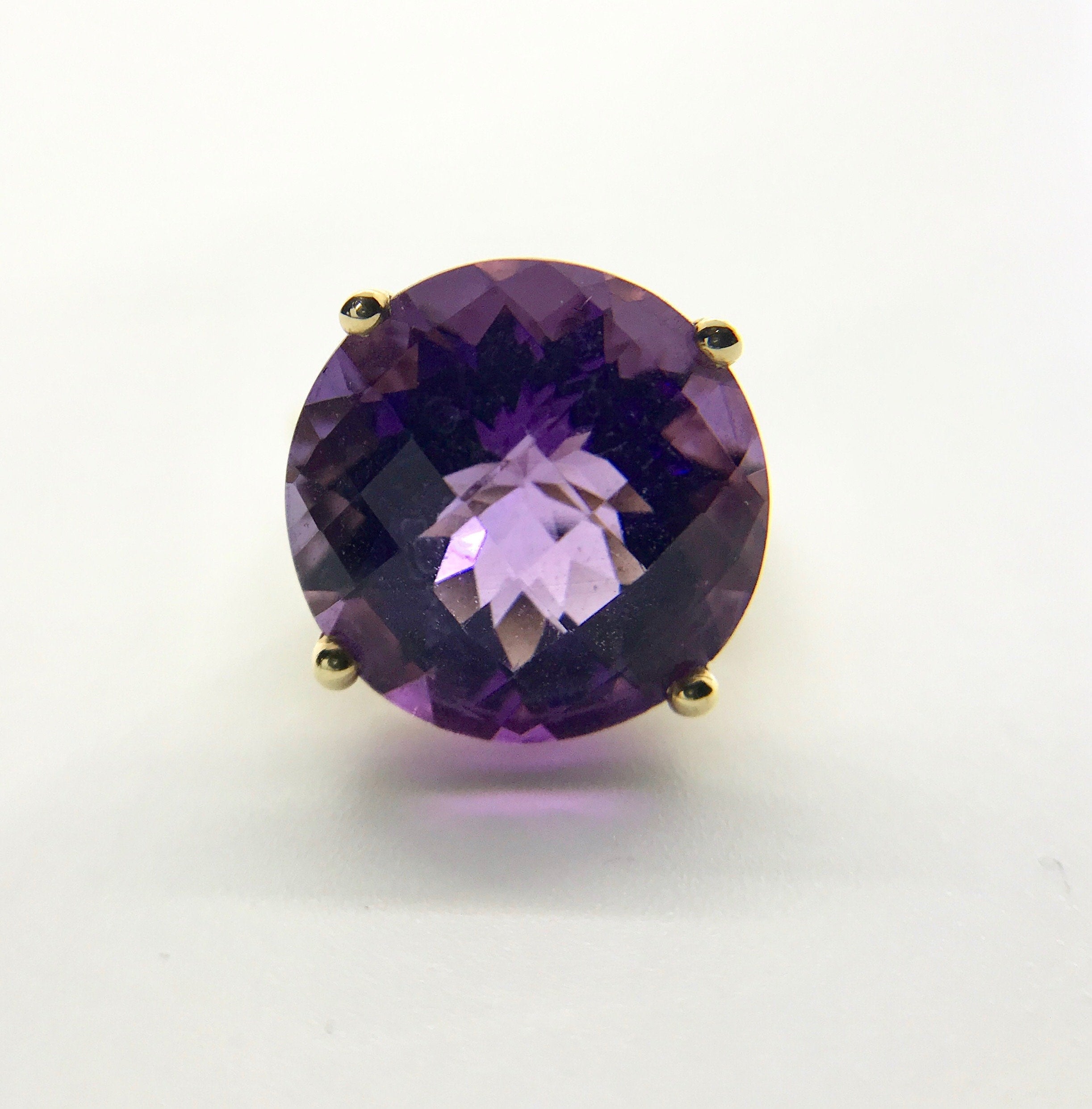 Yellow Gold Vintage Amethyst Ring - Checkerboard Faceted Gemstone