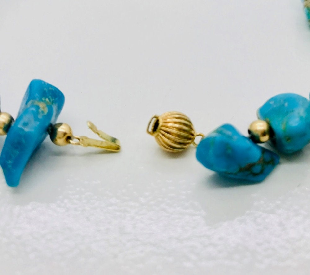 Chunky Turquoise Nugget Necklace: 14K Yellow Gold Beads, 20 Inch