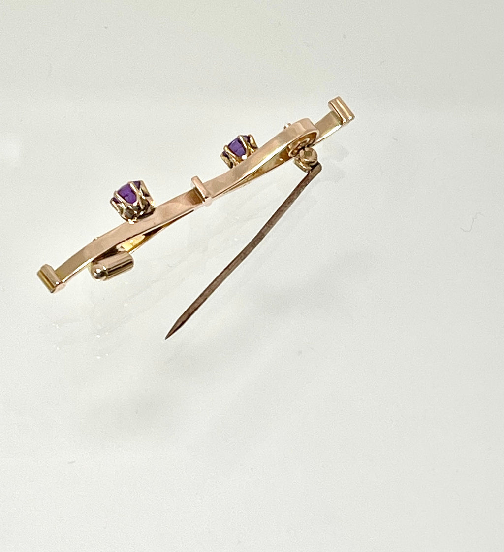 Antique 10k Gold Amethyst Bar Pin: Scrollwork Brooch