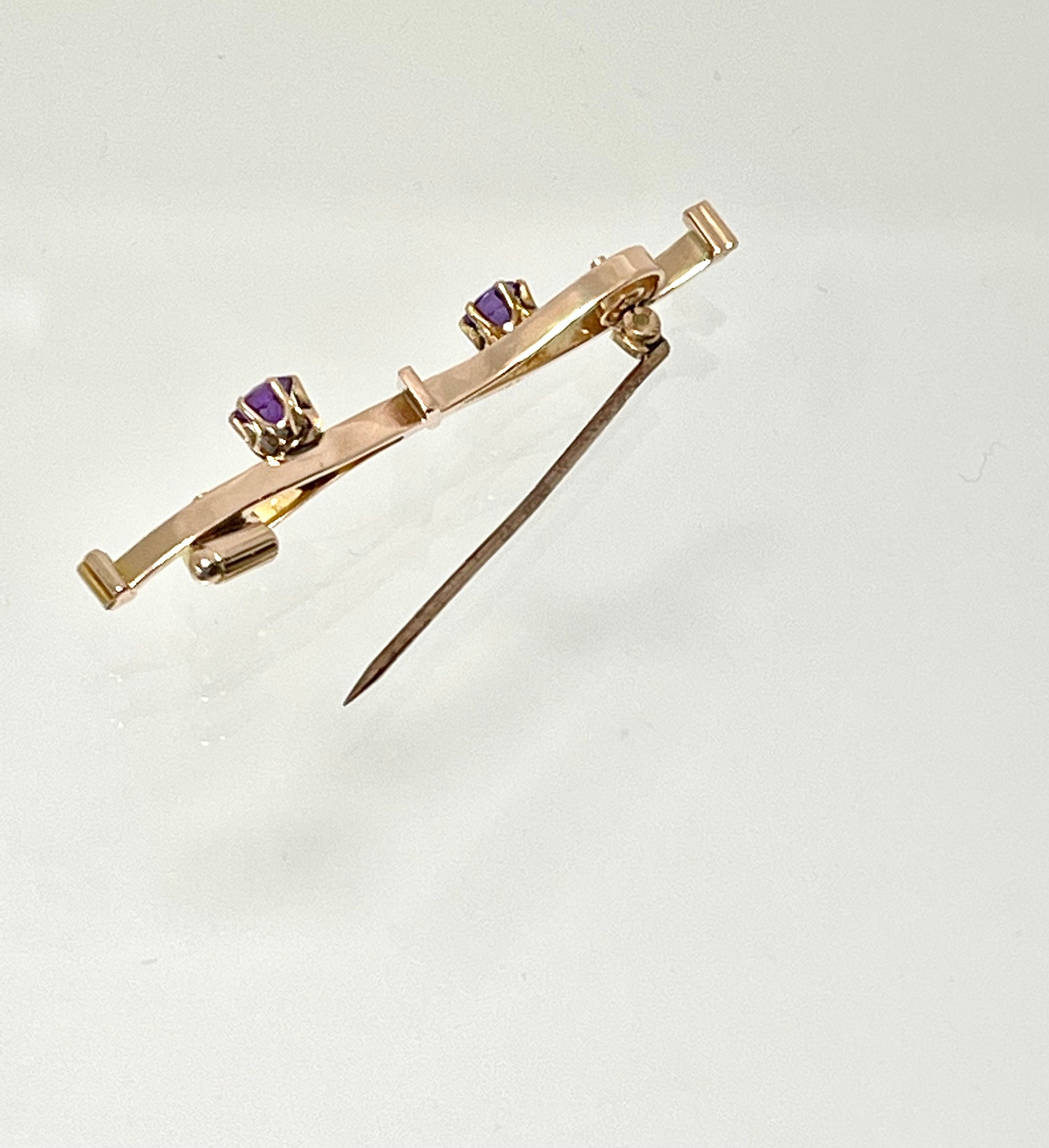 Antique 10k Gold Amethyst Bar Pin: Scrollwork Brooch