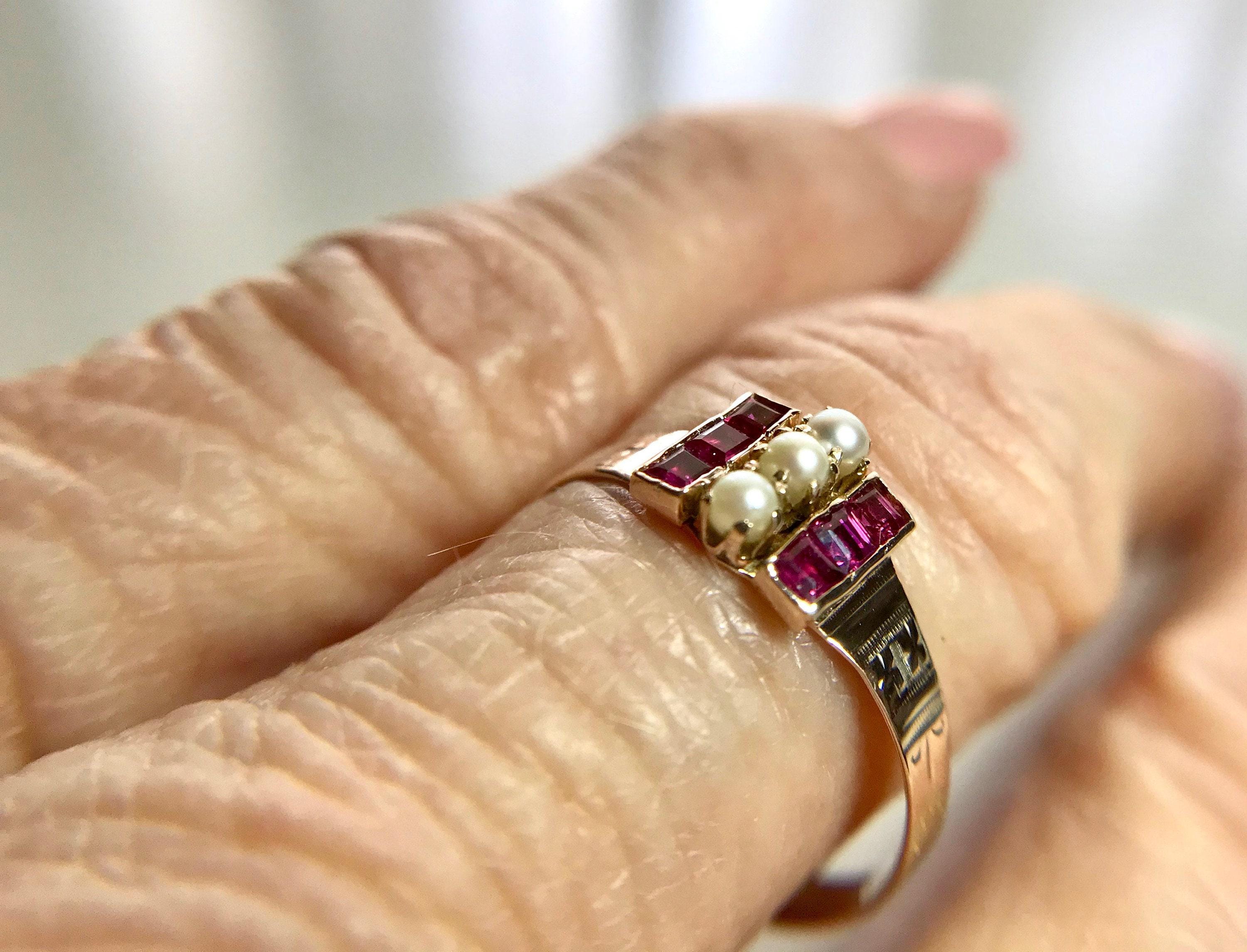 Victorian Ruby and Pearl Ring: 10K Yellow Gold July Birthstone