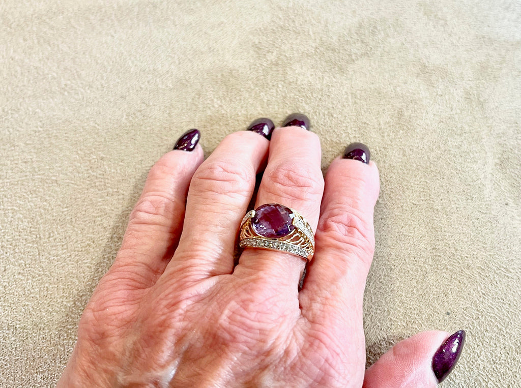 Vintage Yellow Gold Amethyst Diamond Ring - Filigree Design
