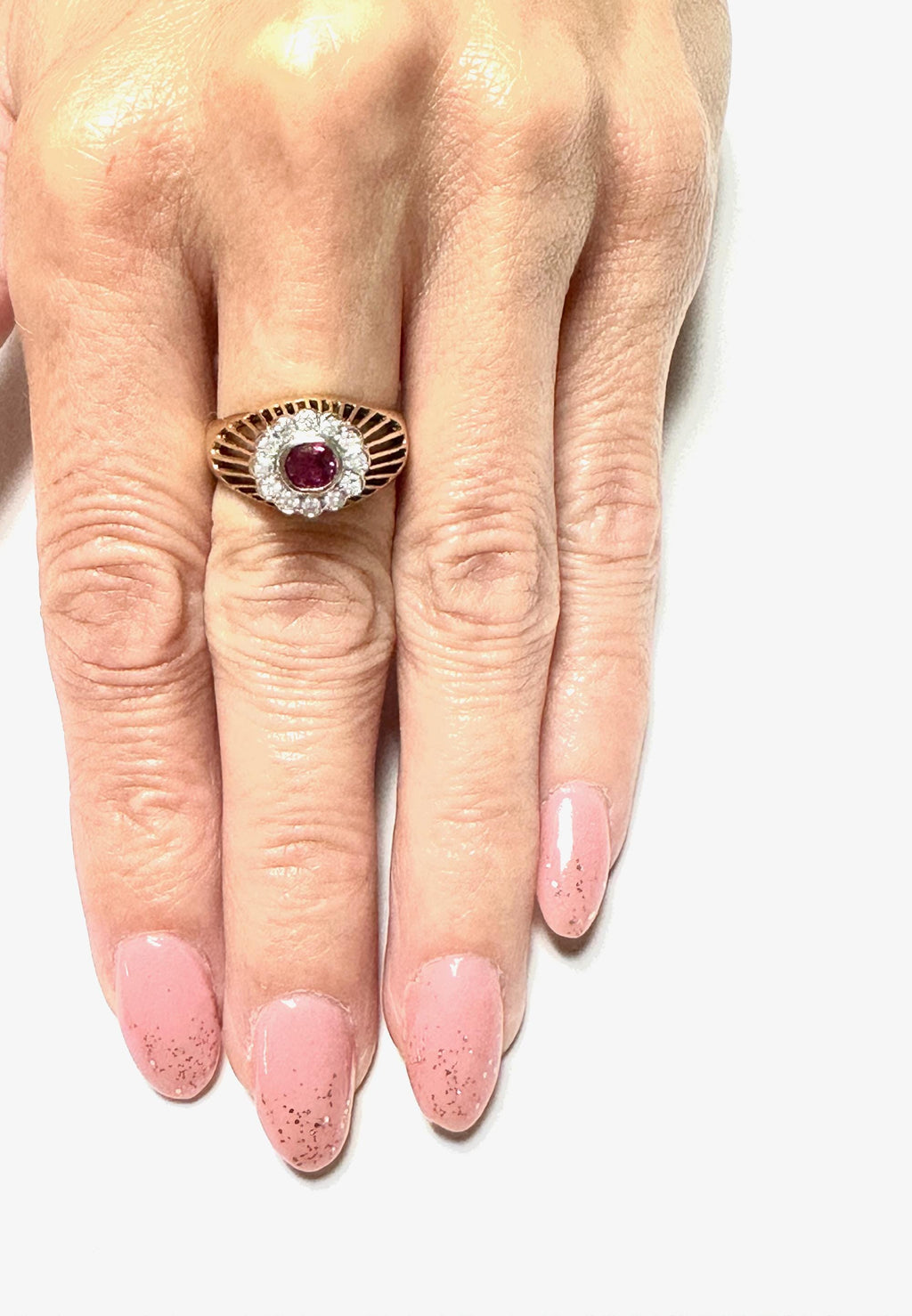 Vintage 14K Yellow Gold Ruby and Diamond Ring, Elevated Ruby Setting