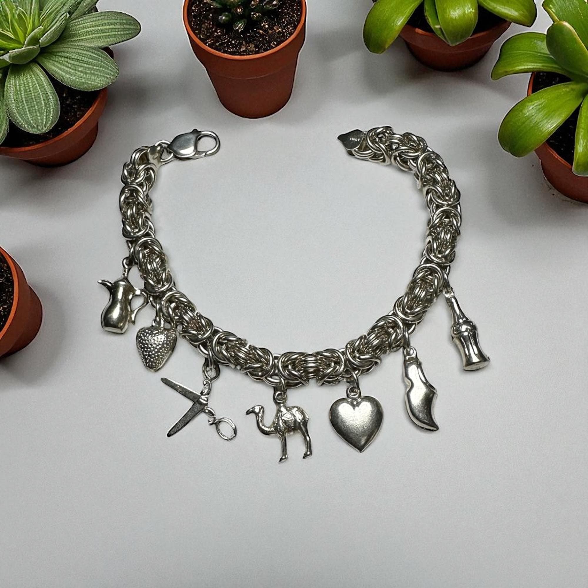 Vintage Sterling Silver Byzantine Bracelet with Charms: Soda, Shoe, Heart, Camel