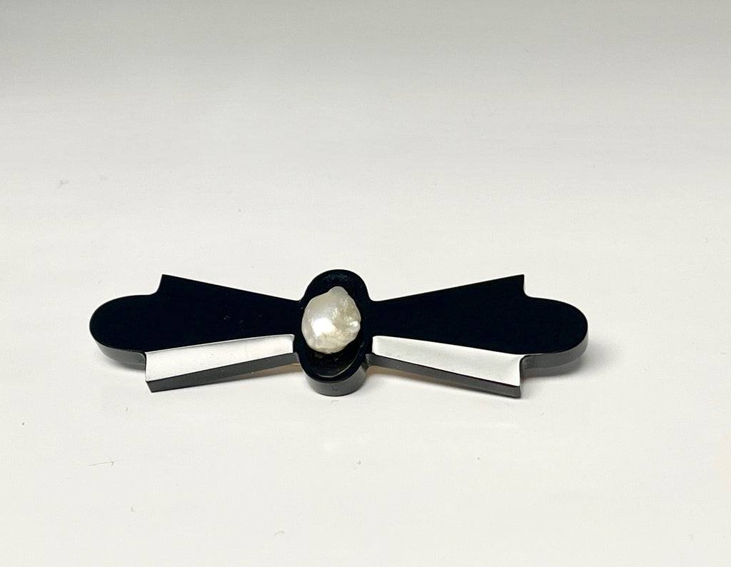 Vintage 14k Black Onyx & Pearl Bar Pin Brooch
