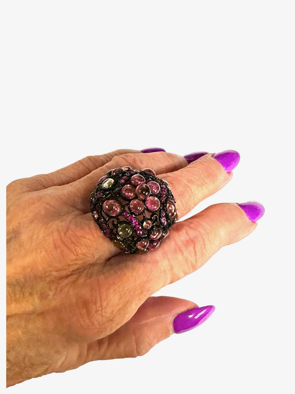 Oxidized Sterling Silver Dome Tourmaline and Ruby Ring, Cabochon Multi-Stone Design