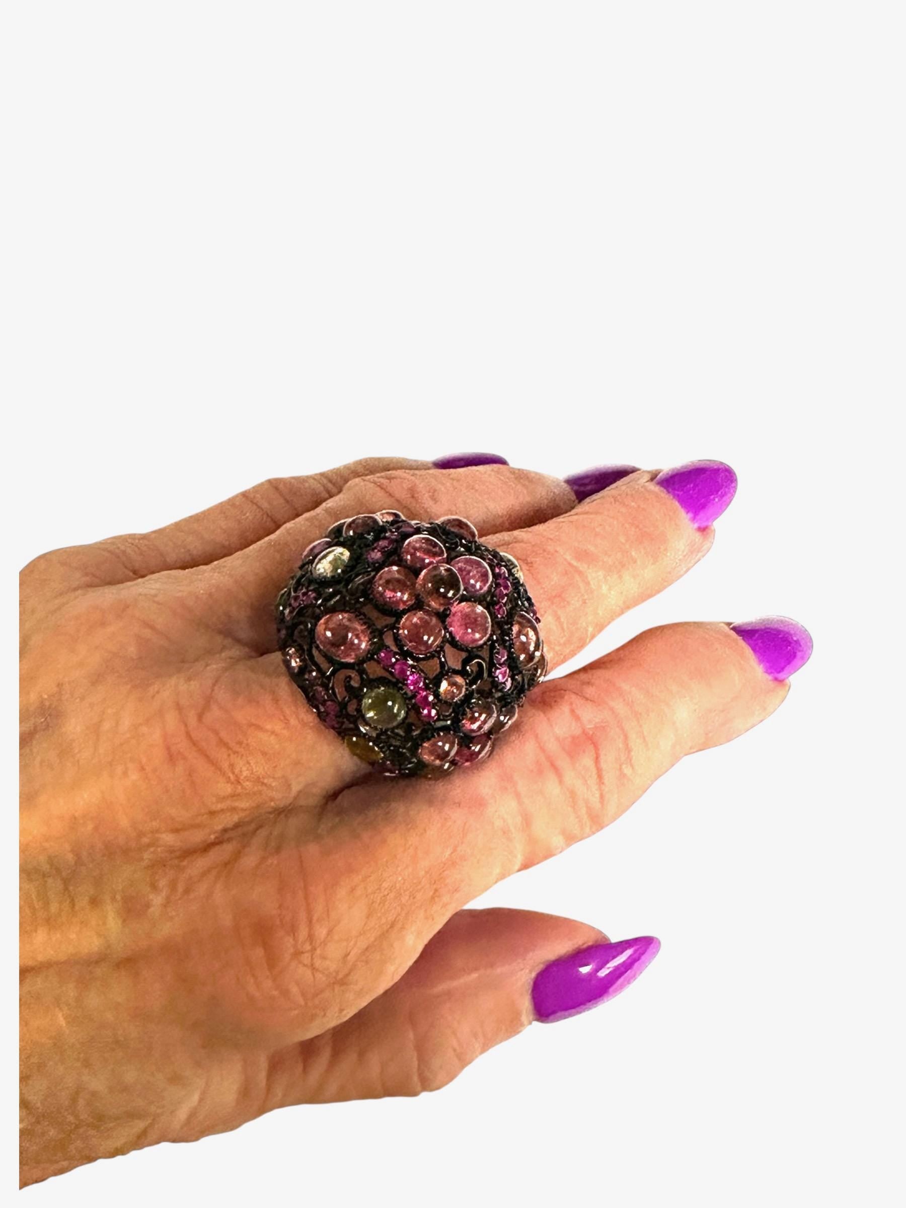 Oxidized Sterling Silver Dome Tourmaline and Ruby Ring, Cabochon Multi-Stone Design