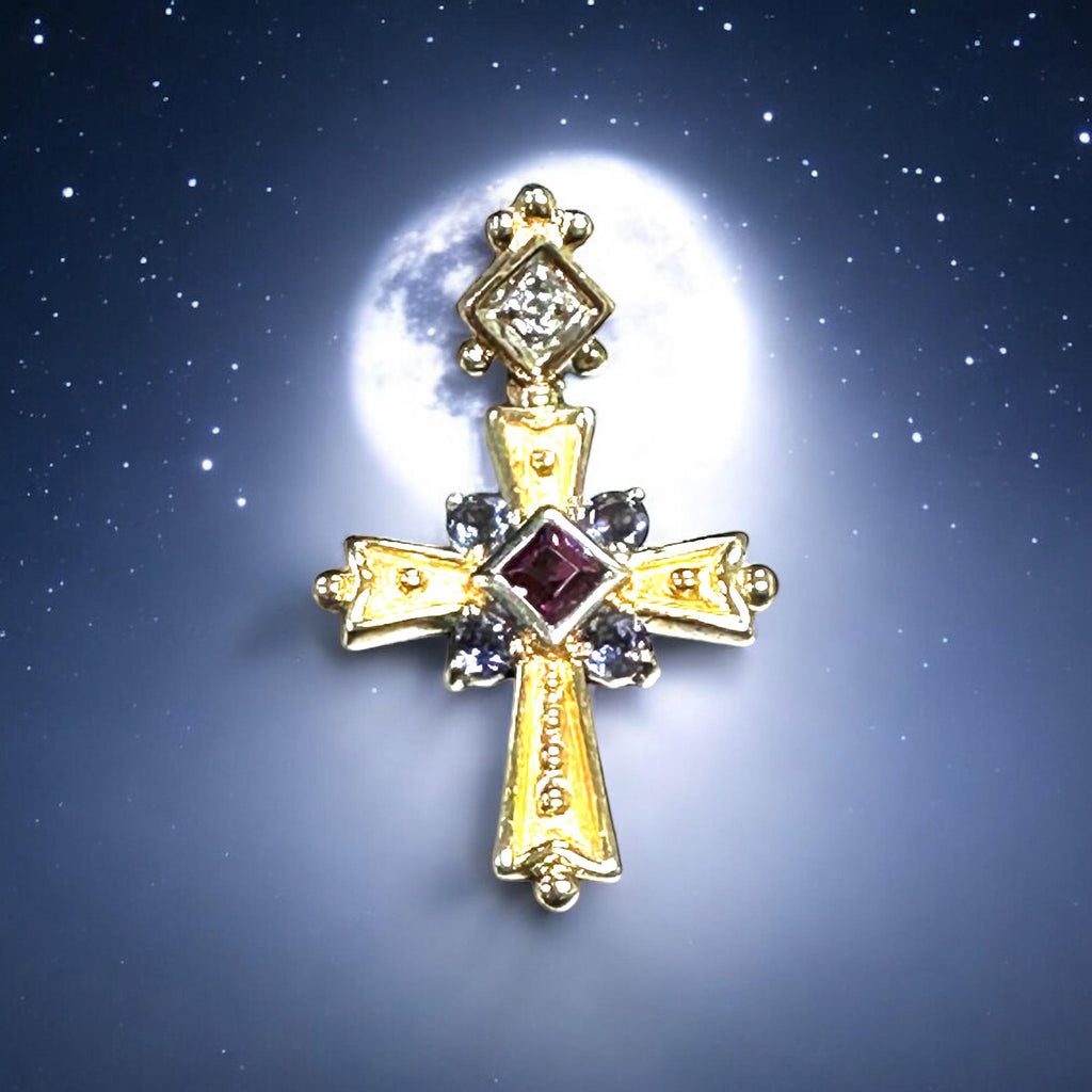 Vintage 14K Yellow Gold Cross Pendant: Pink Tourmaline, Tanzanite & Diamond
