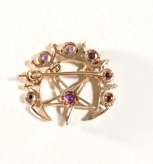 14K Yellow Gold Amethyst Moon and Star Brooch