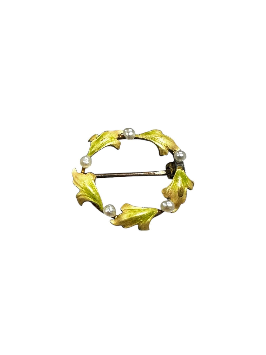 Delicate 10 Karat Yellow Gold Enamel Seed Pearl Wreath Pin/Brooch