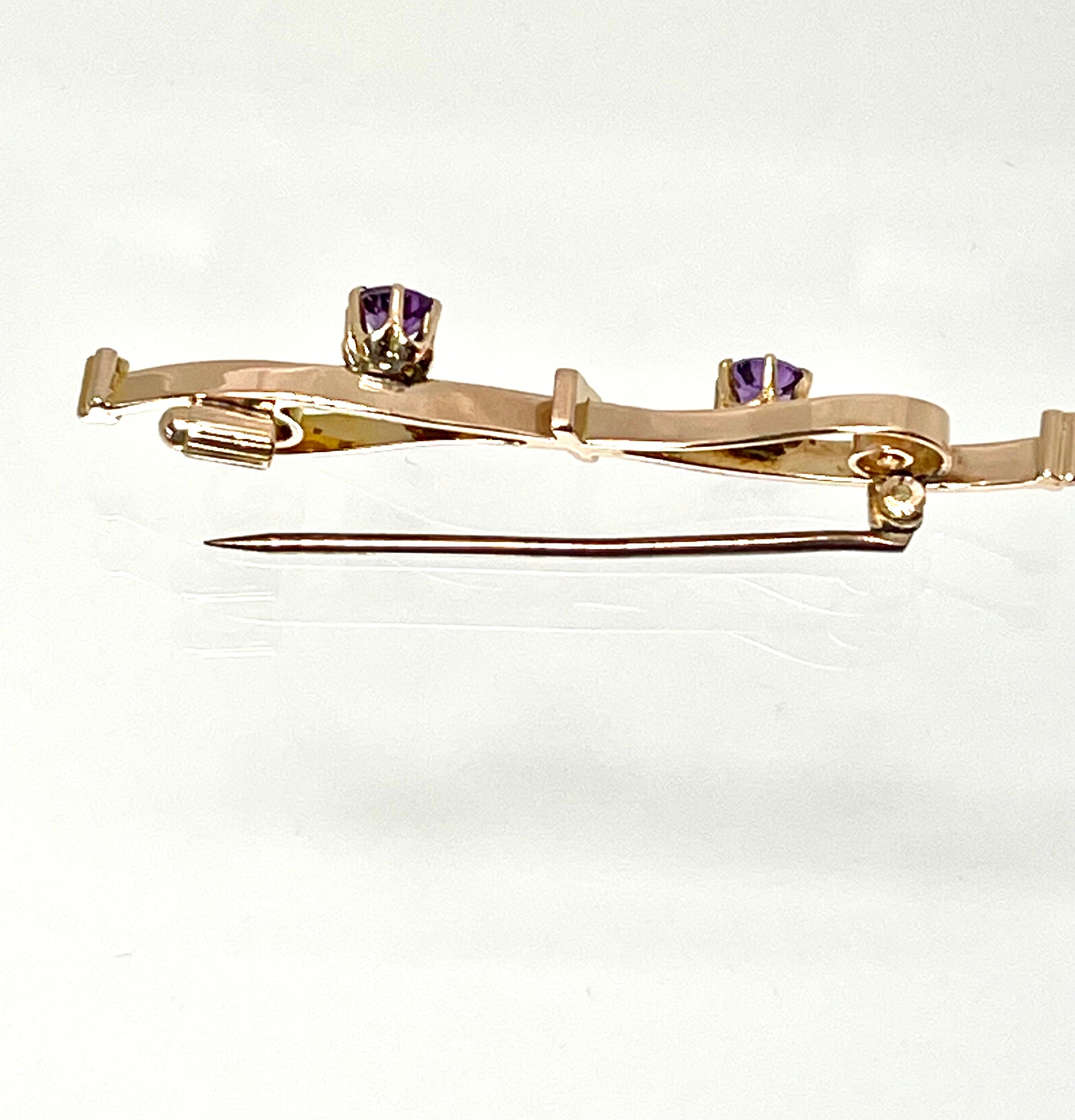 Antique 10k Gold Amethyst Bar Pin: Scrollwork Brooch