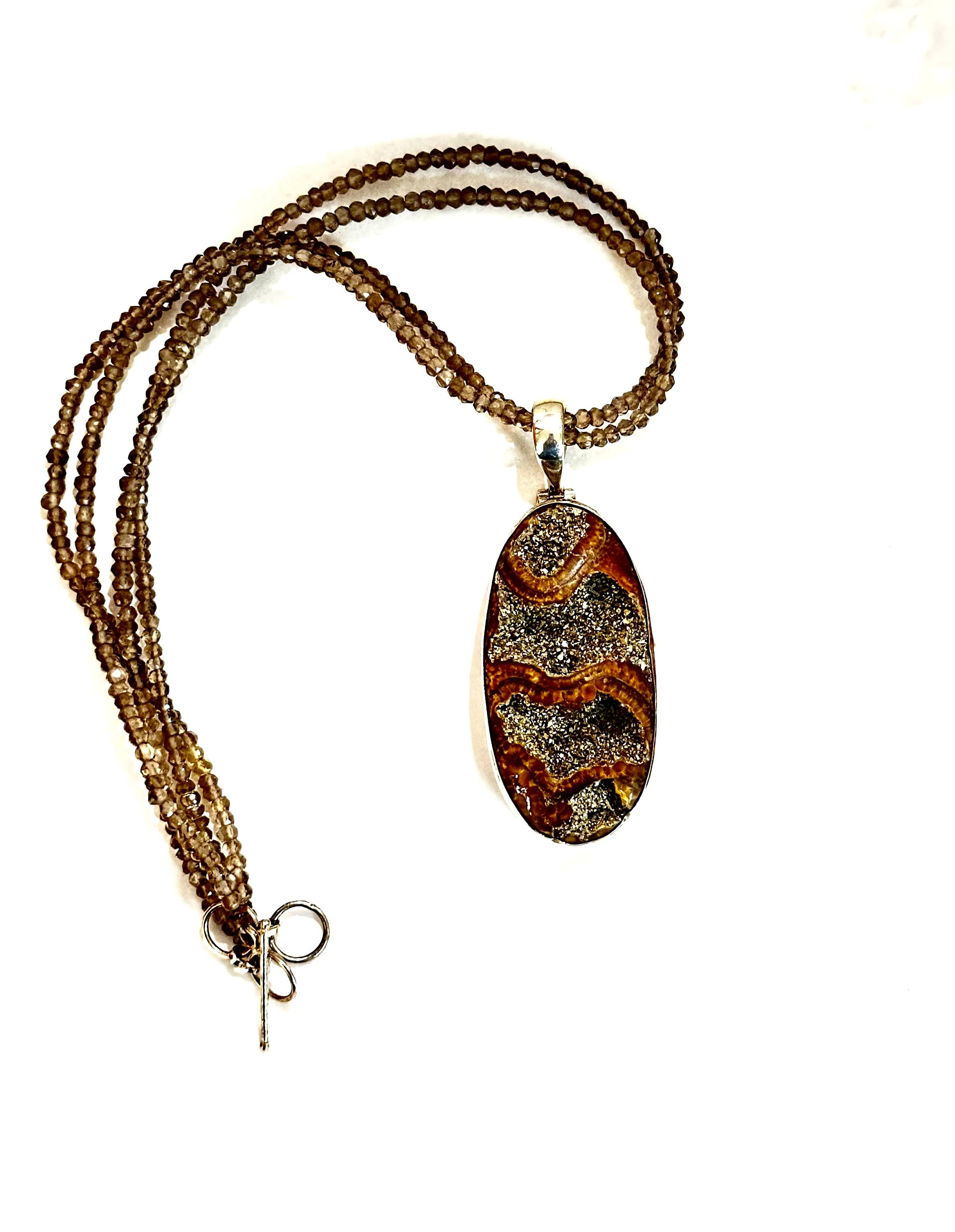 Large Ammonite set in Sterling Silver Frame,  Supported by a Smokey Quartz Necklace