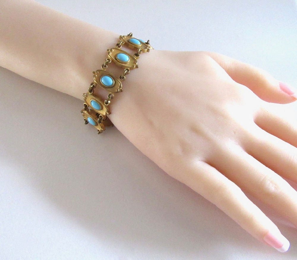 Gold Tone Art Nouveau Bracelet with Faux Turquoise