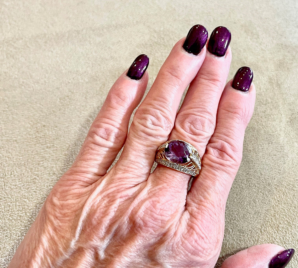 Vintage Yellow Gold Amethyst Diamond Ring - Filigree Design