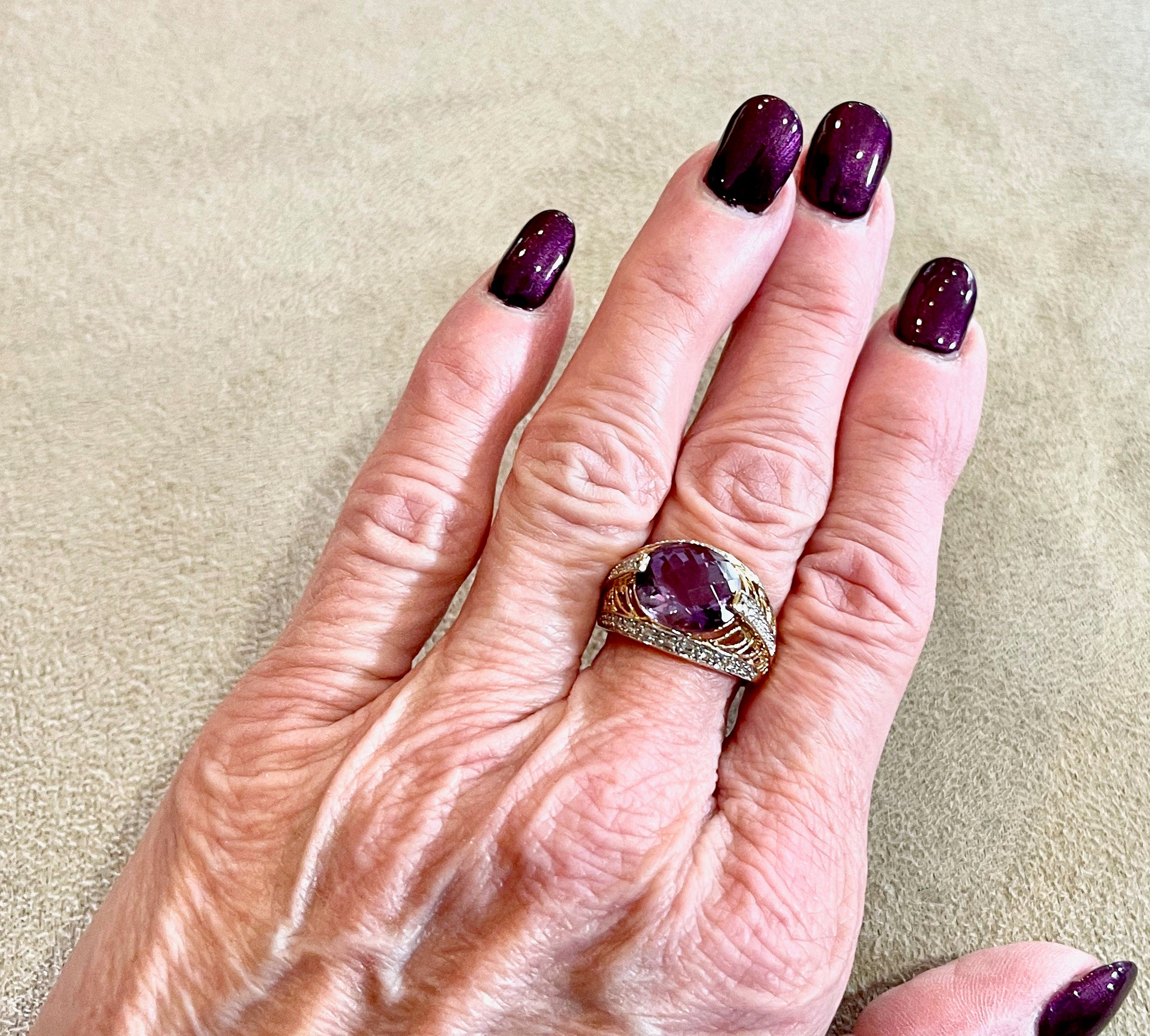 Vintage Yellow Gold Amethyst Diamond Ring - Filigree Design