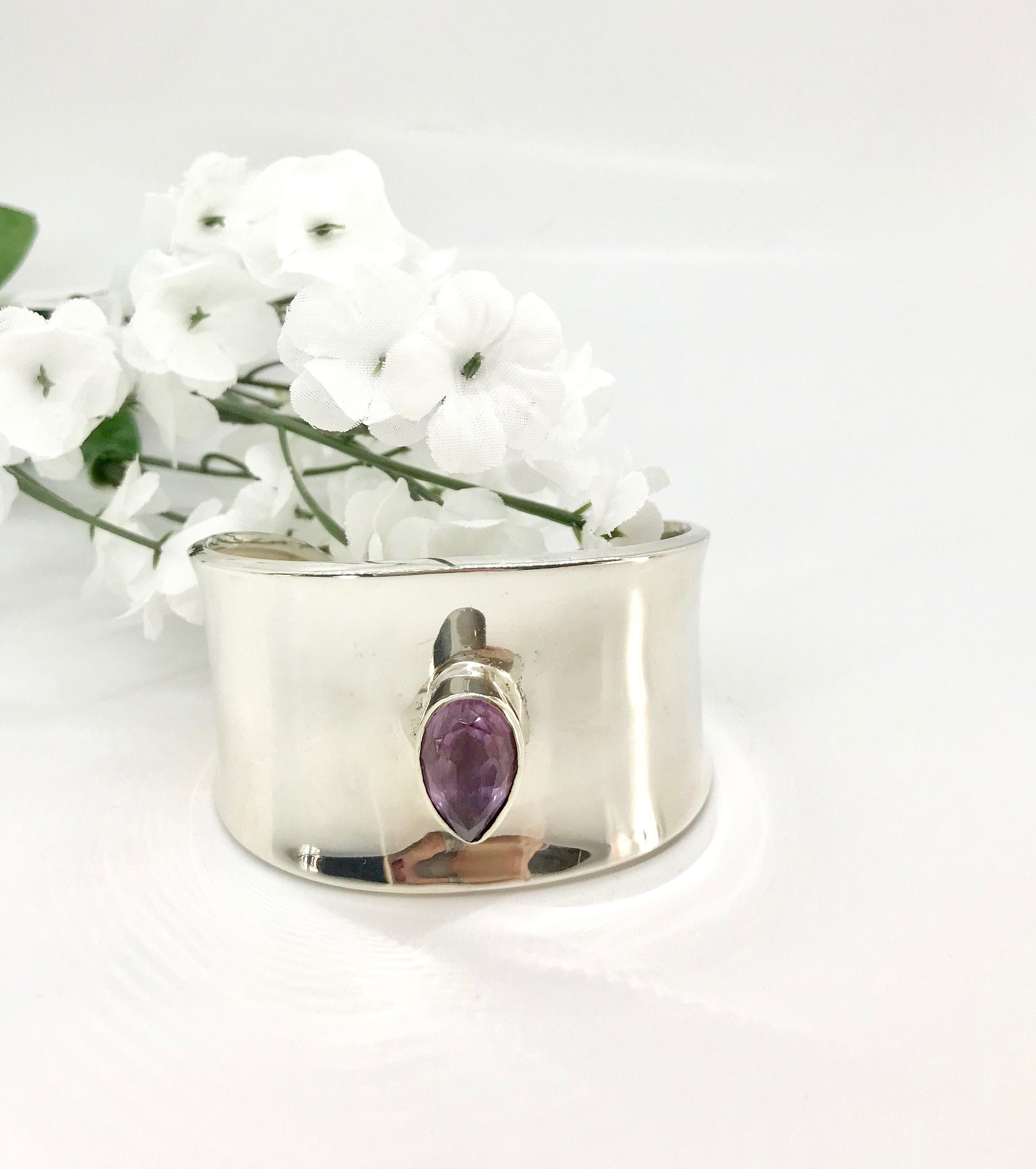 Sterling Silver Cuff Bracelet: Pear Amethyst, Stamped Mexico