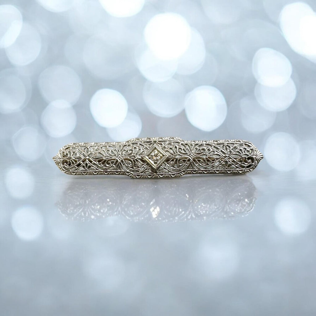 Elegant Edwardian Diamond Filigree Bar Pin in 14K White Gold