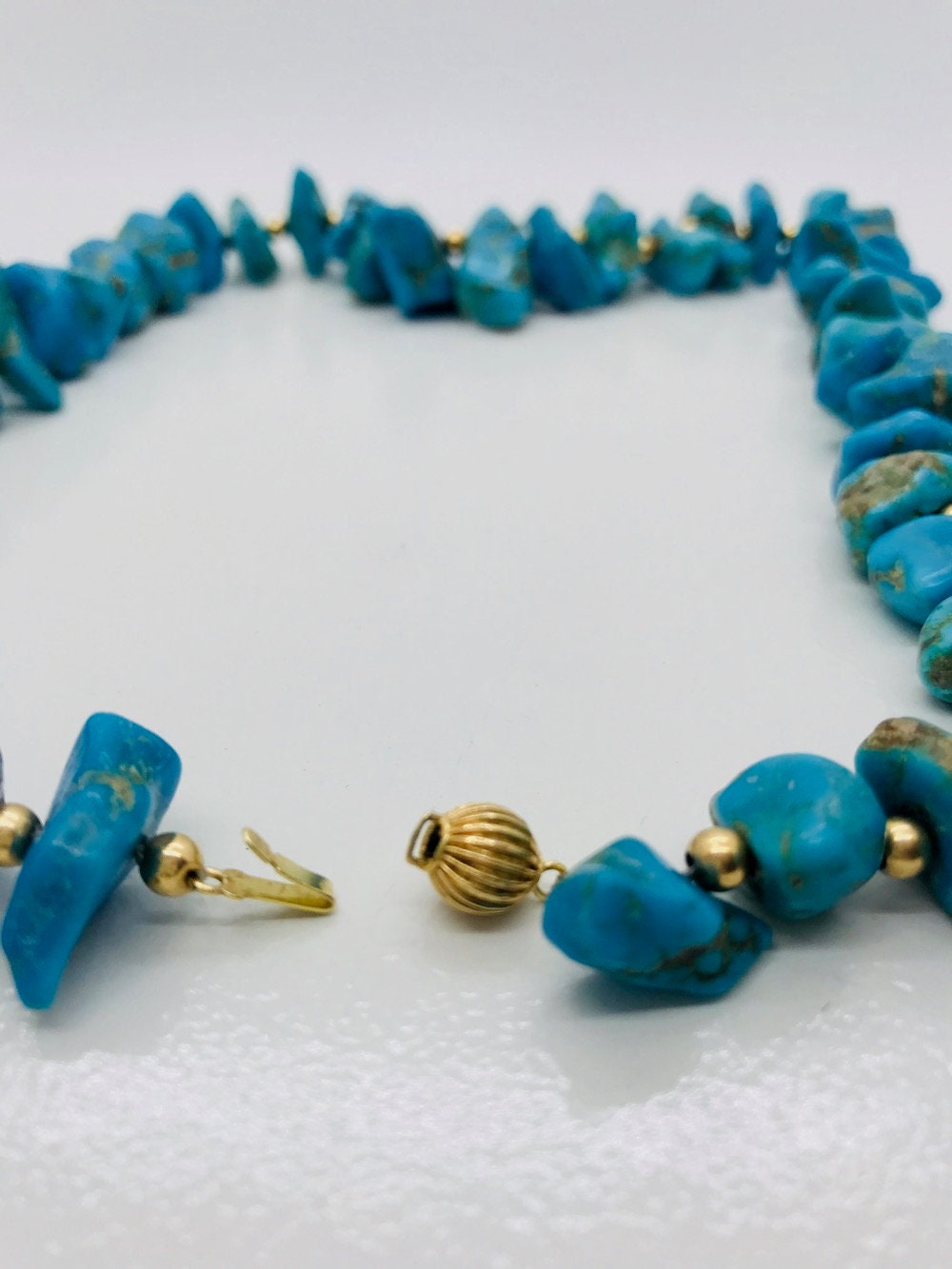 Chunky Turquoise Nugget Necklace: 14K Yellow Gold Beads, 20 Inch