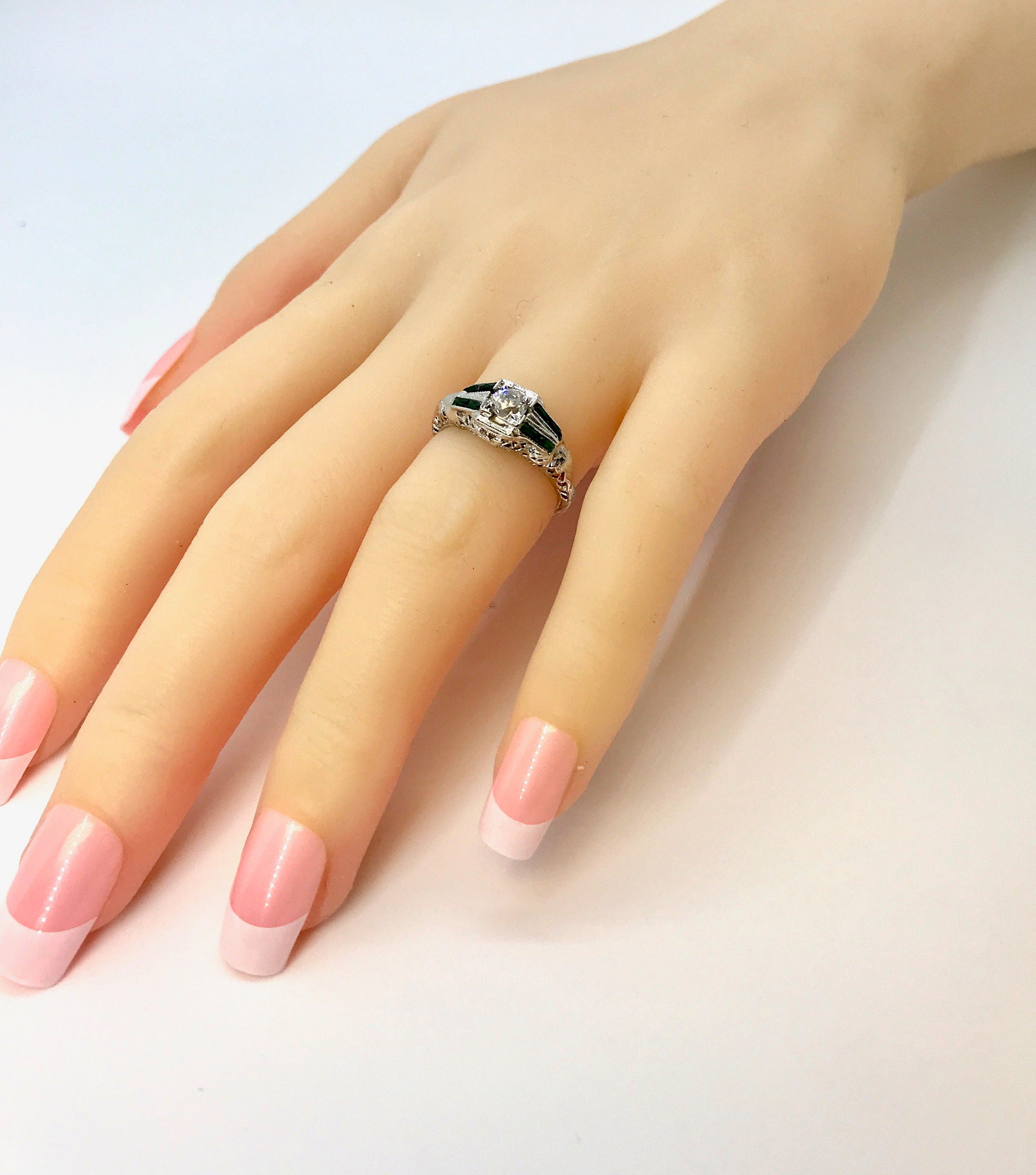 White Gold Diamond and Synthetic Emerald Filigree Engagement Ring