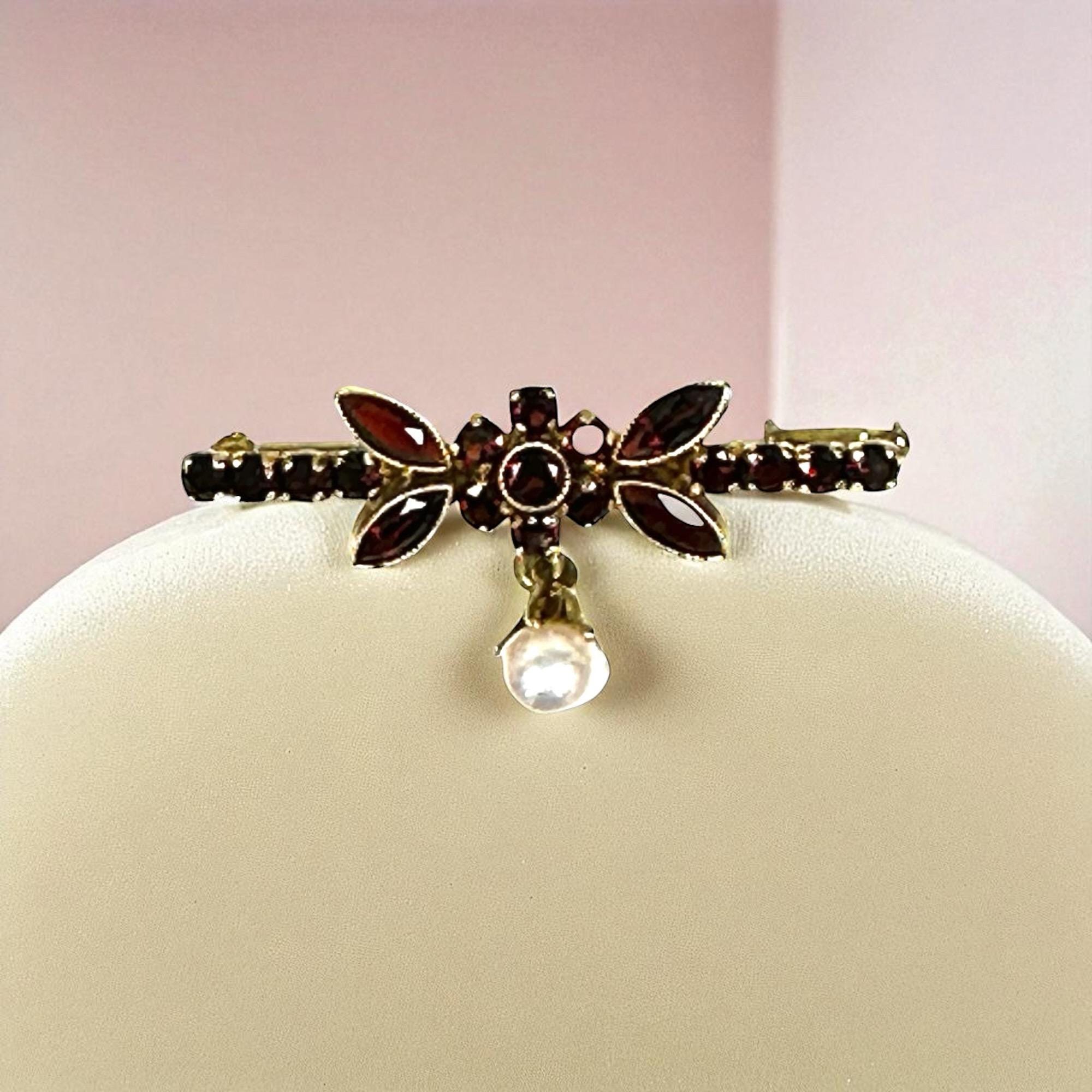 14K Yellow Gold Garnet Bar Pin with Cultured Pearl Drop in Floral Design