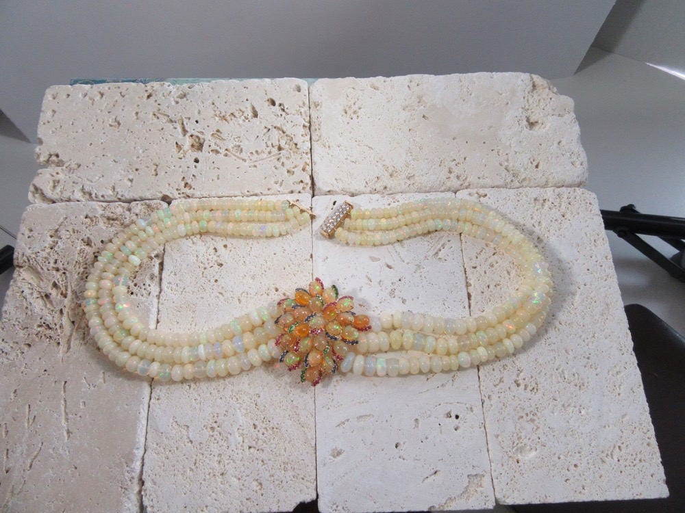 Triple Strand Opal Necklace: Sapphire, Ruby, Emerald & Diamond Clasp