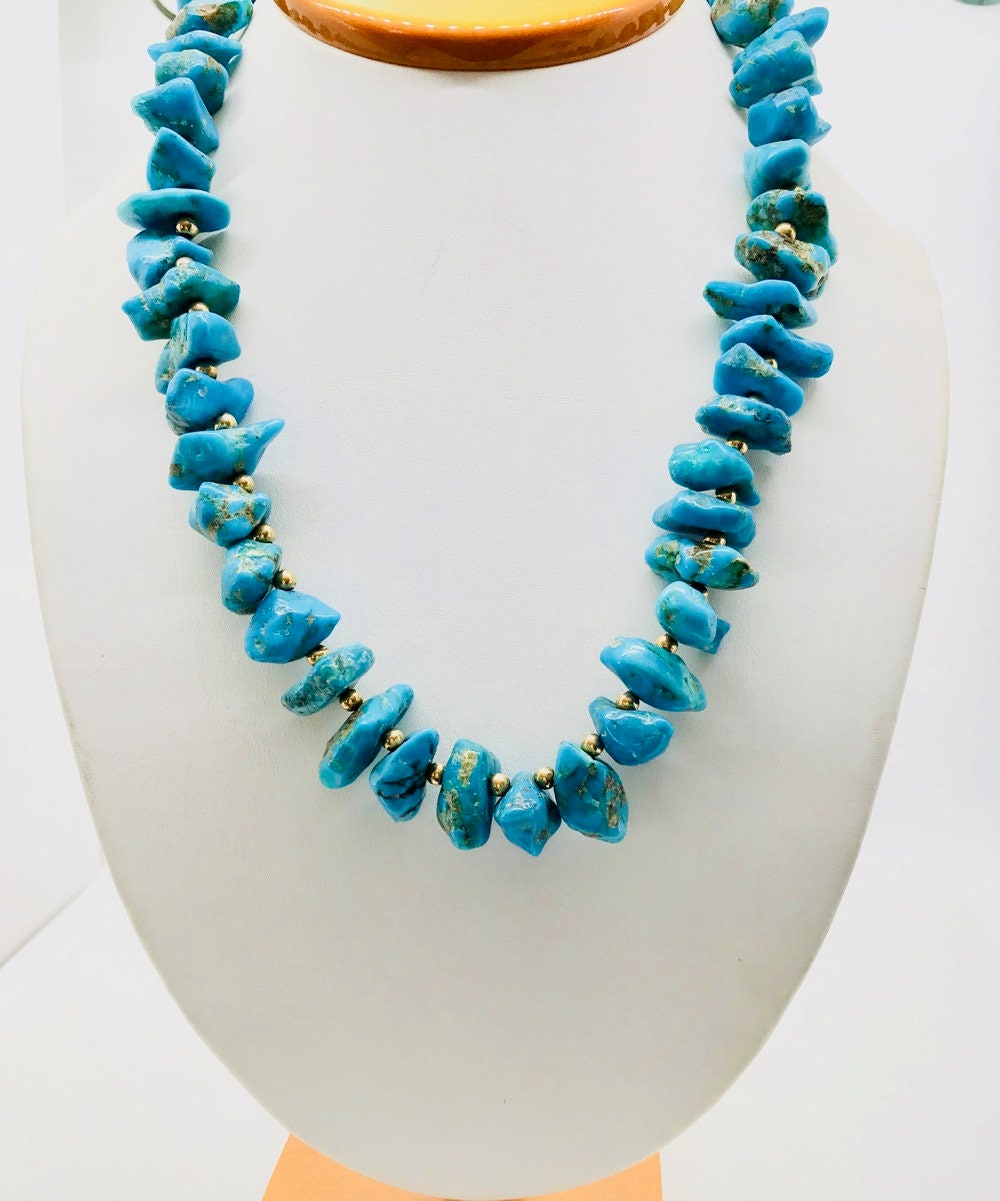 Chunky Turquoise Nugget Necklace: 14K Yellow Gold Beads, 20 Inch