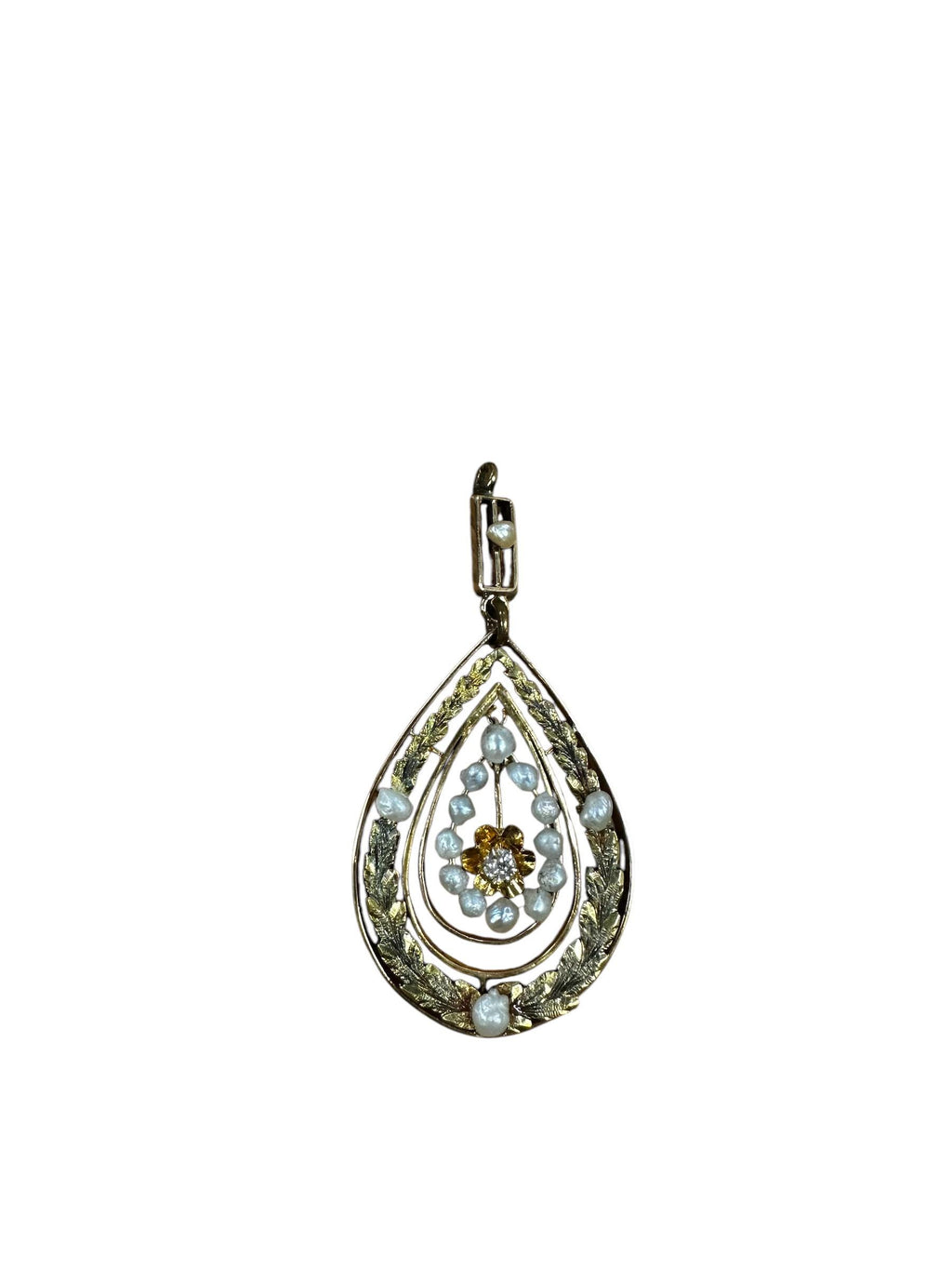 Elegant 14K Yellow & Green Gold Diamond Pearl Pendant, Antique Edwardian Jewelry
