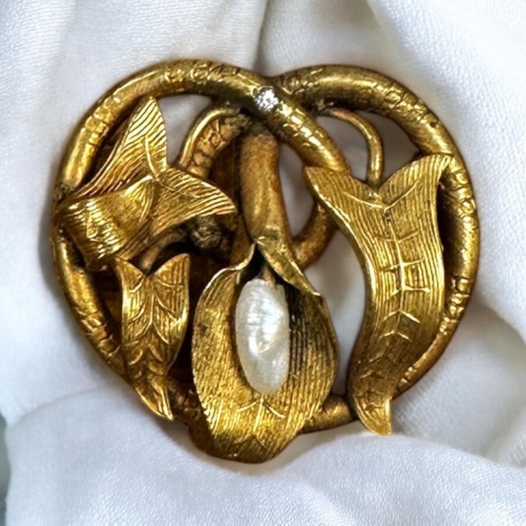 Vintage Art Nouveau Gold Filled Watch Pin with Freshwater Pearl & Rhinestone