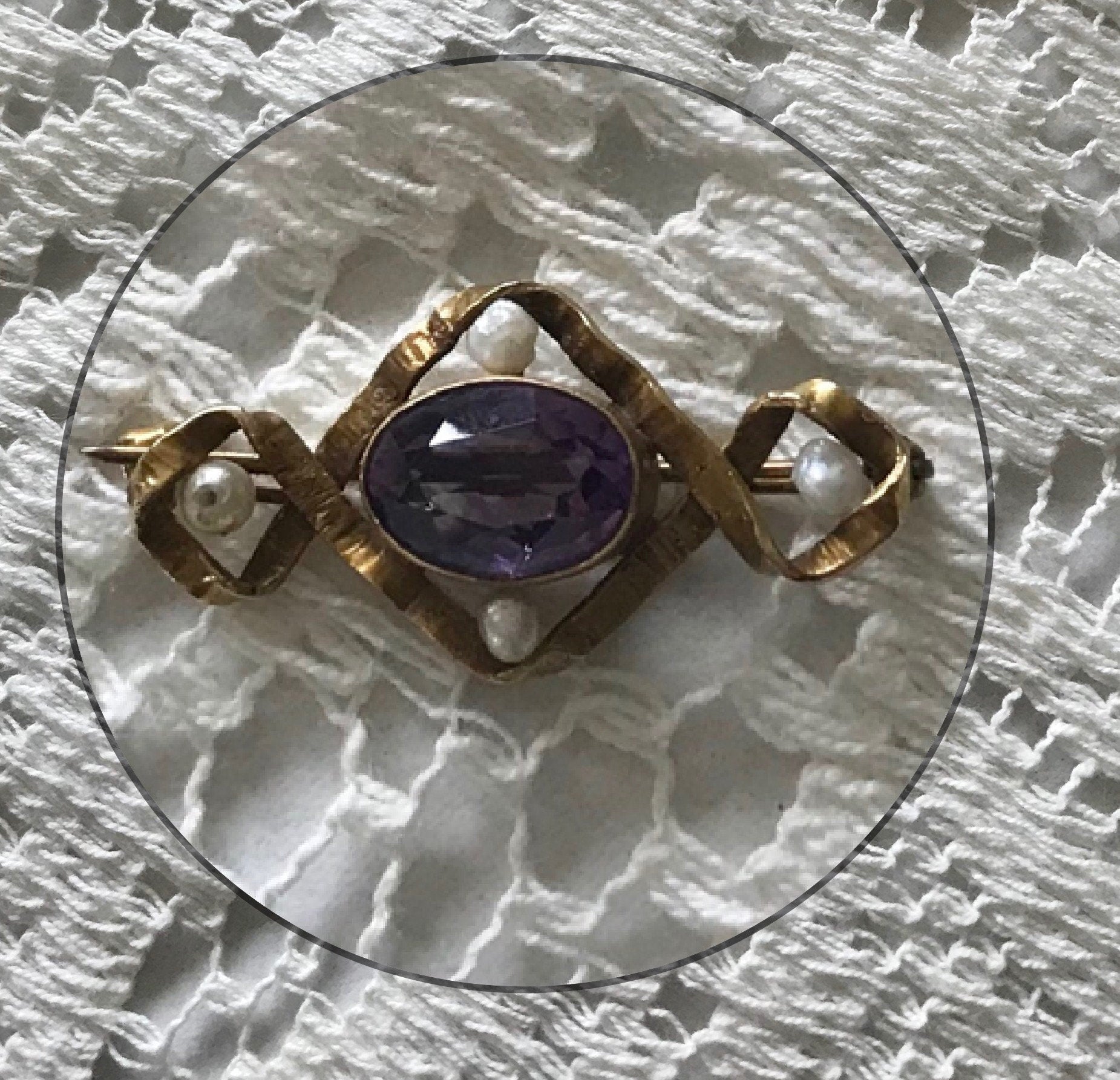 Antique 10K Gold Amethyst Pin with Baroque Pearls