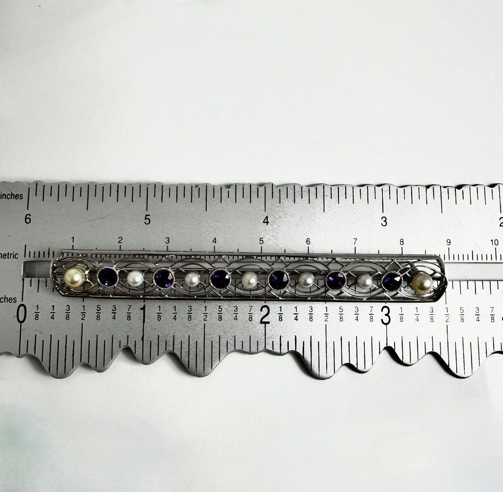 18K White Gold Bar Brooch: Amethyst & Cultured Pearl Pin