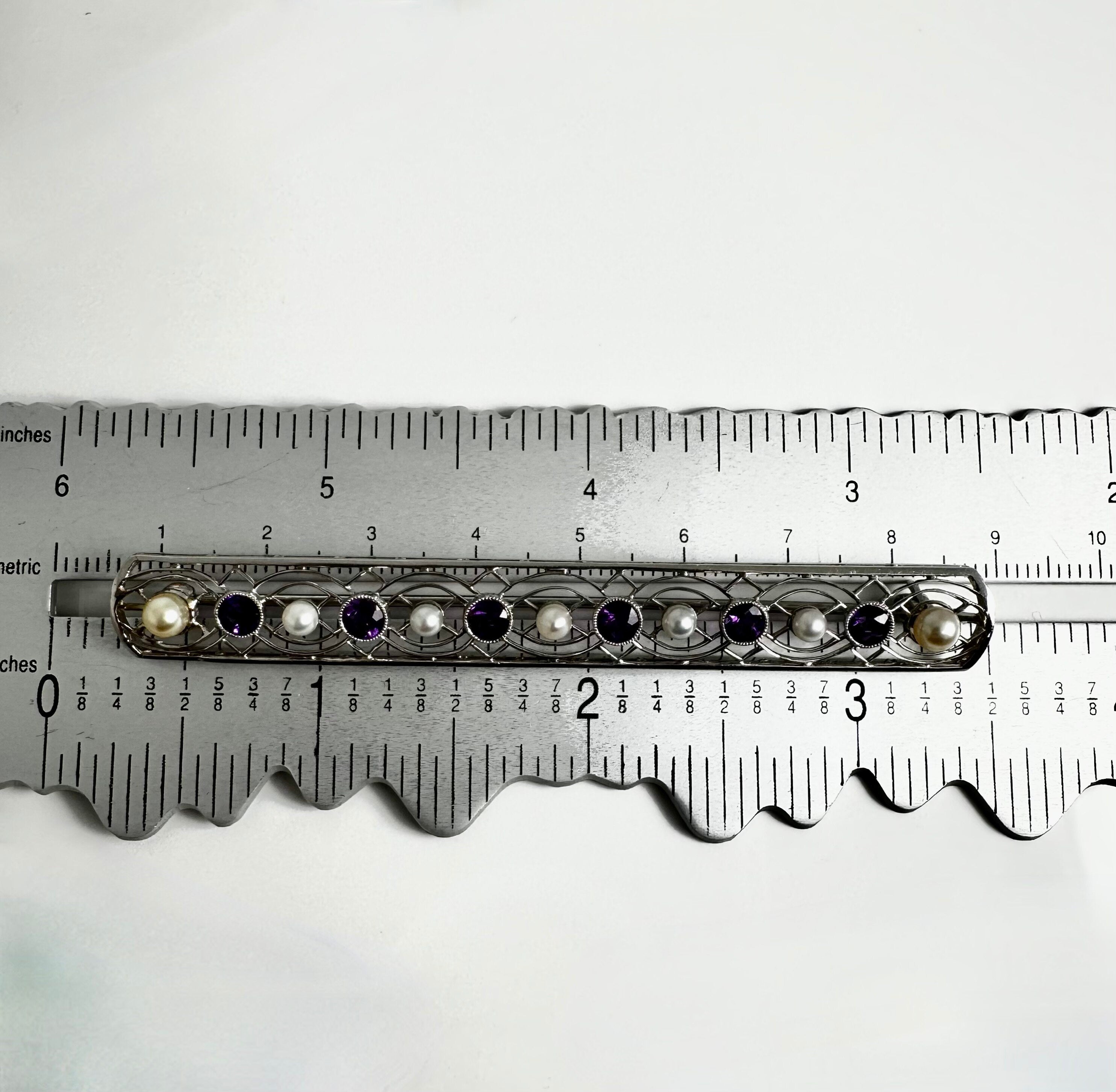 18K White Gold Bar Brooch: Amethyst & Cultured Pearl Pin