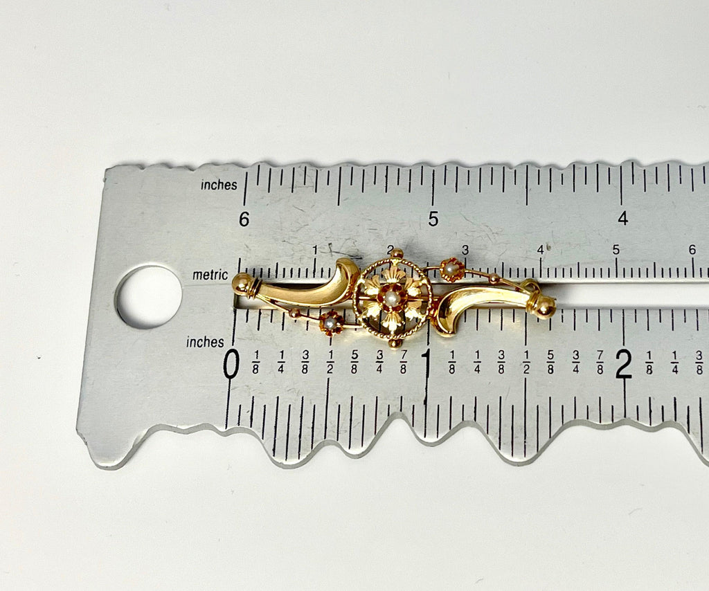 Antique 18K Yellow Gold Pearl Brooch: Victorian Bar Pin