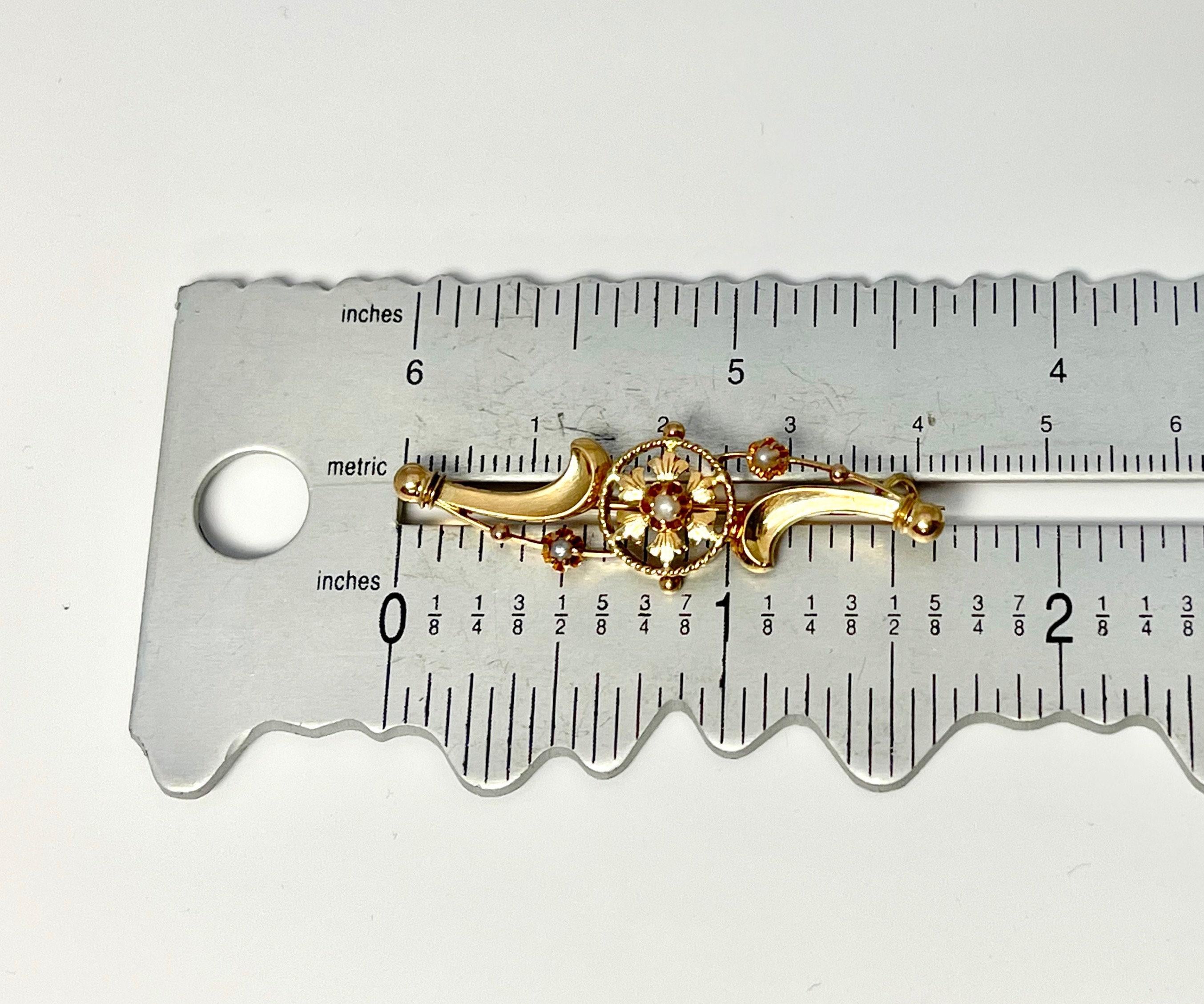 Antique 18K Yellow Gold Pearl Brooch: Victorian Bar Pin