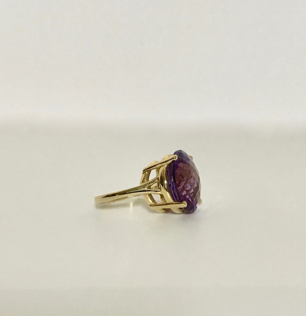 Yellow Gold Vintage Amethyst Ring - Checkerboard Faceted Gemstone