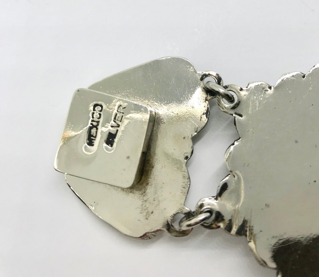 Vintage Mexican Sterling Silver Bracelet: Green Cabochon Glass, Wide Link
