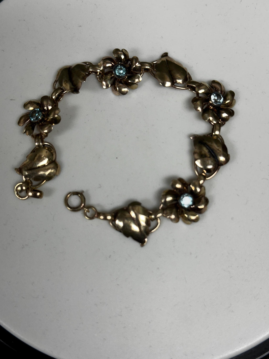 Nature Inspired Gold Filled Bracelet with Blue Glass Flower Detail