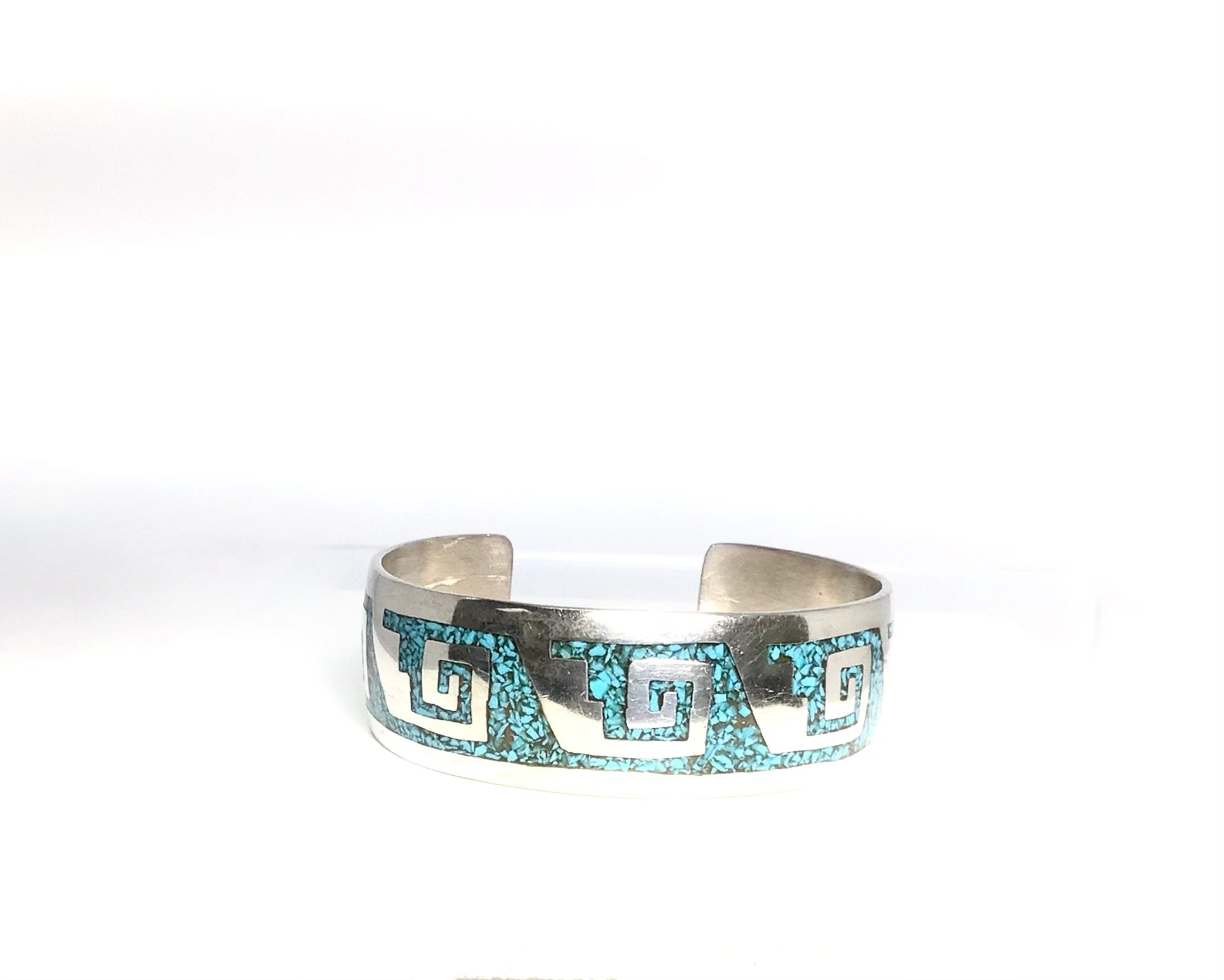 Authentic Native American Silver Chip Turquoise Cuff Bracelet - Statement Piece for Boho Fashion