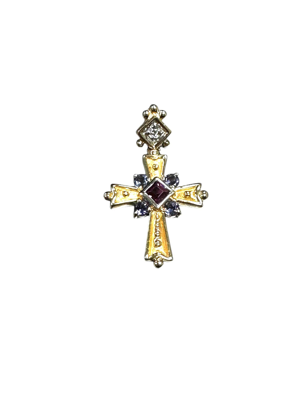 Vintage 14K Yellow Gold Cross Pendant: Pink Tourmaline, Tanzanite & Diamond