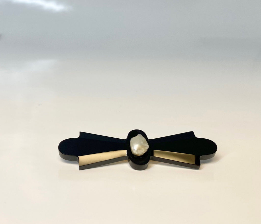 Vintage 14k Black Onyx & Pearl Bar Pin Brooch