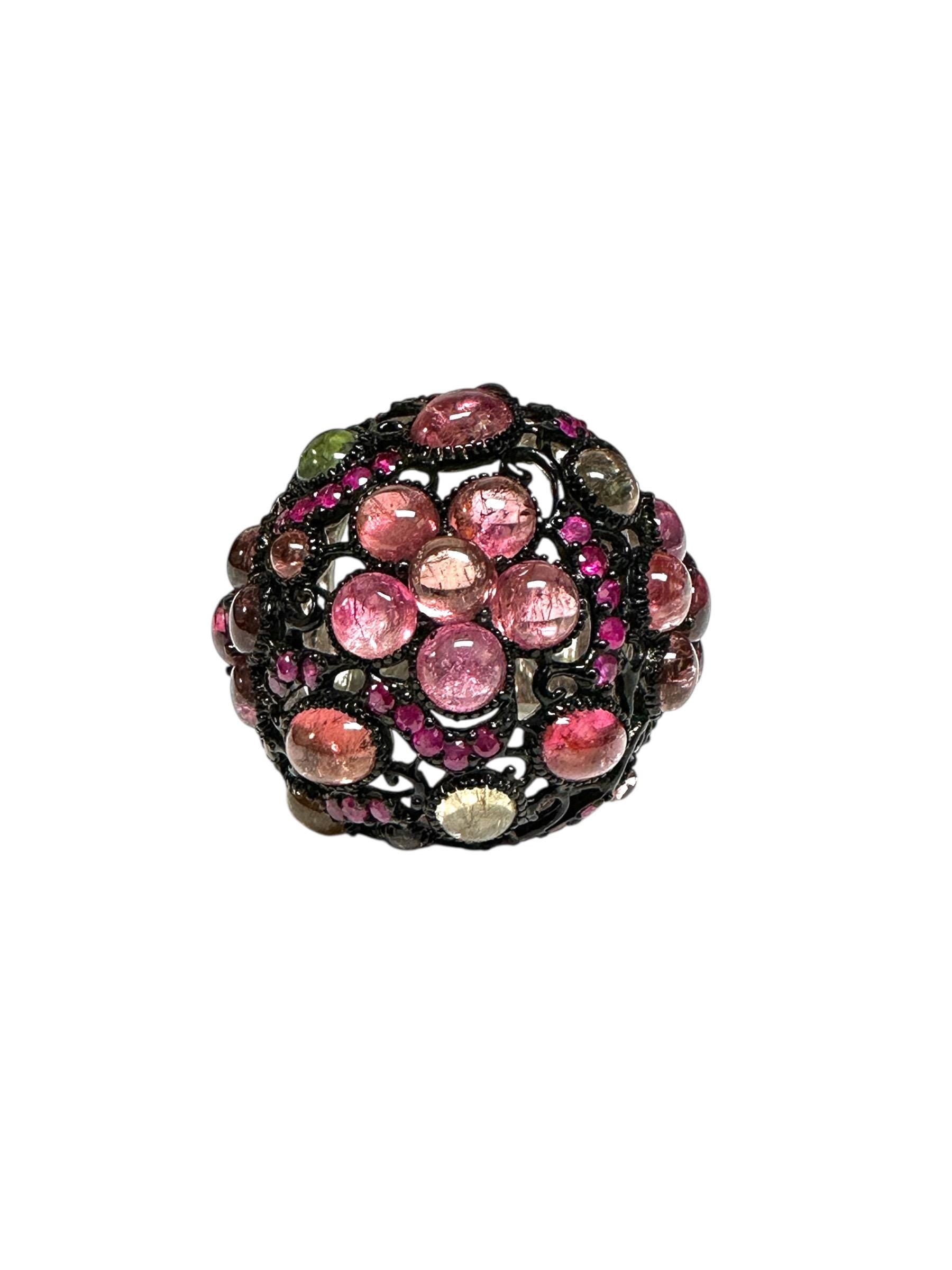 Oxidized Sterling Silver Dome Tourmaline and Ruby Ring, Cabochon Multi-Stone Design