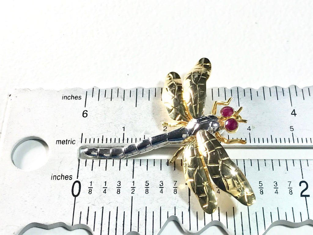 Vintage 14K Gold Dragonfly Brooch with Ruby Eyes