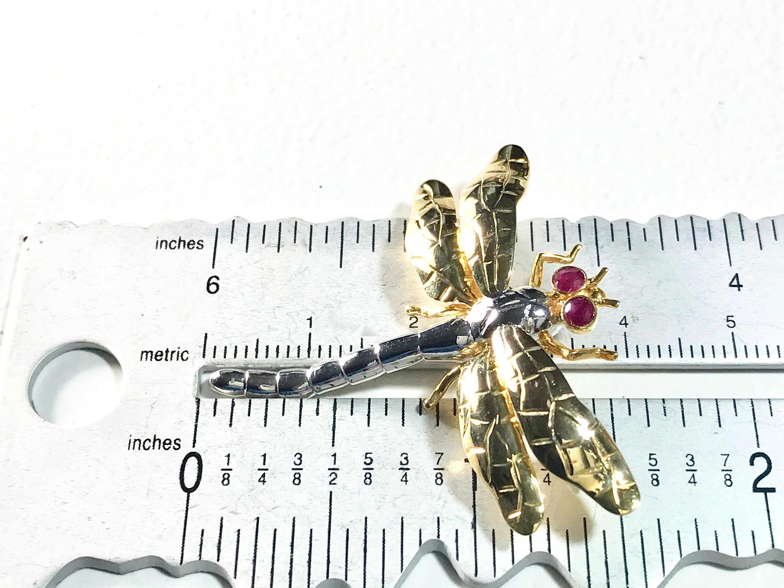 Vintage 14K Gold Dragonfly Brooch with Ruby Eyes