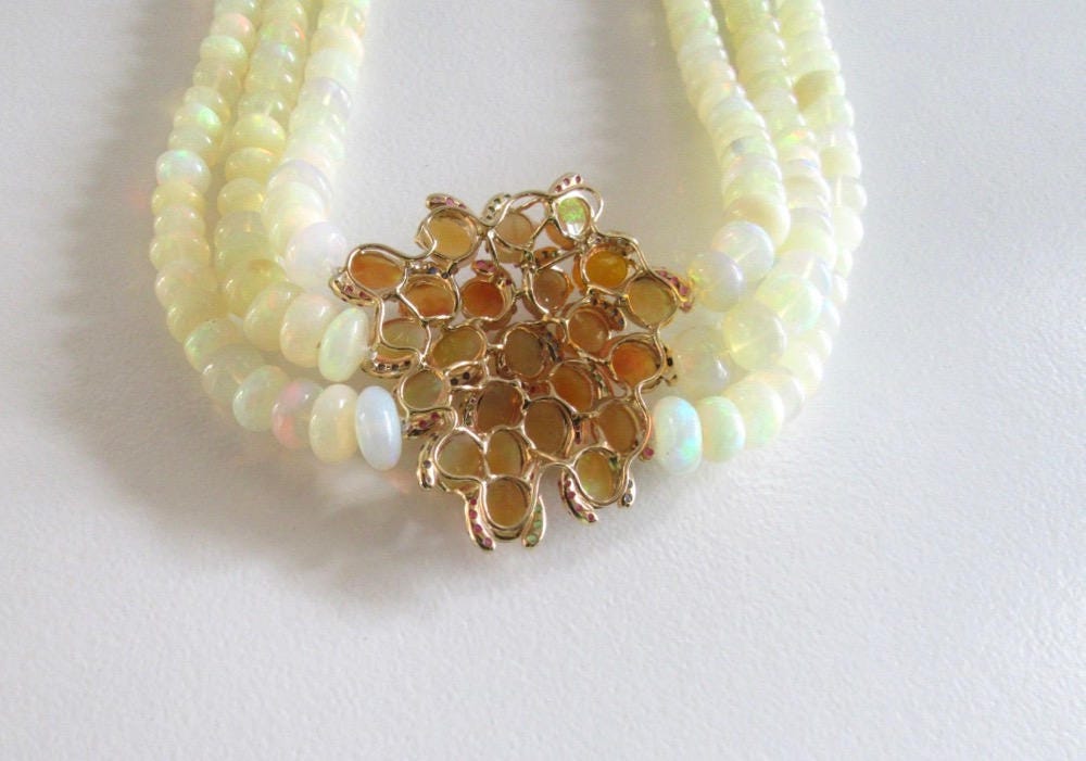 Triple Strand Opal Necklace: Sapphire, Ruby, Emerald & Diamond Clasp